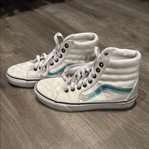 Vans White Checkerboard and Iridescent High-Top Sneakers